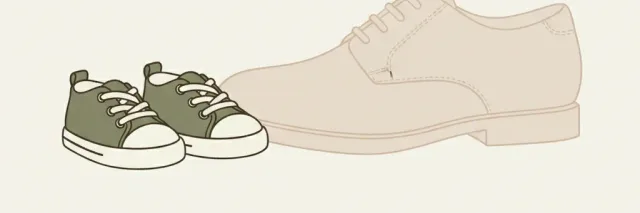 A single small pair of children's shoes next to a large empty adult shoe outline, flat vector illustration, muted palette.