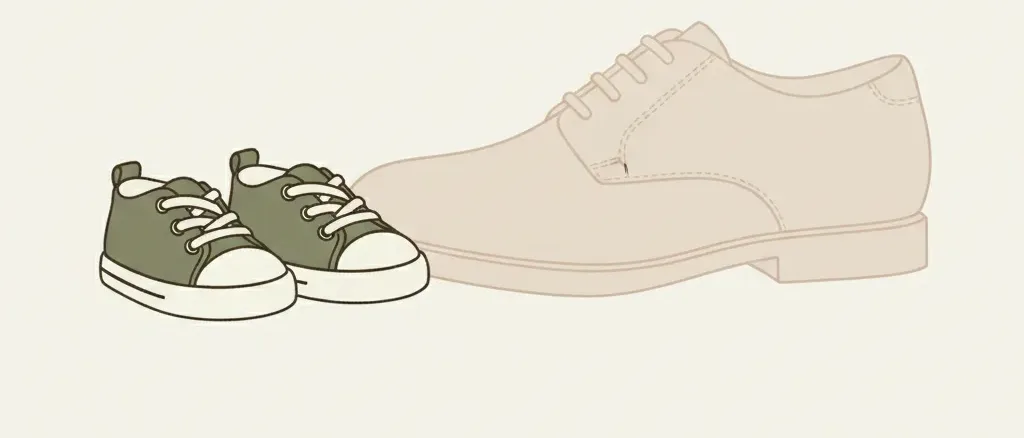 A single small pair of children's shoes next to a large empty adult shoe outline, flat vector illustration, muted palette.
