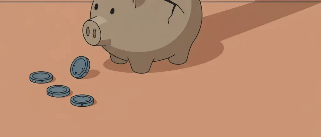 A cracked piggy bank with a few coins spilling out, muted grey and copper tones, flat vector illustration.