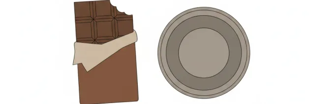 A chocolate bar with a small bite taken out of it, resting on a clean surface next to a dog bowl, flat vector illustration in muted tones.