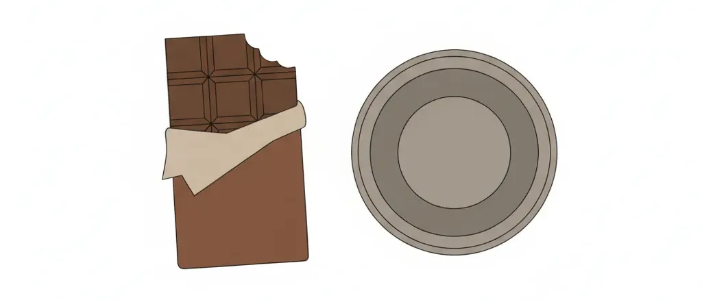 A chocolate bar with a small bite taken out of it, resting on a clean surface next to a dog bowl, flat vector illustration in muted tones.