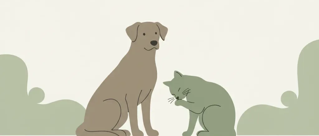 A dog and cat sitting calmly side by side, rendered as flat vector shapes in muted sage and warm grey tones, with empty space around them.