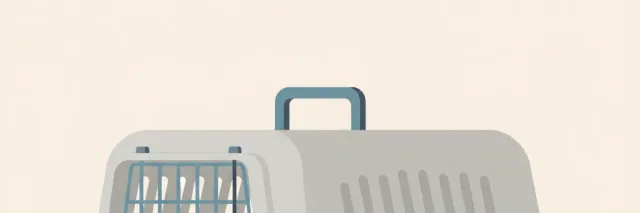 A single empty pet carrier resting on a pale neutral surface, flat vector illustration in muted greys and soft blue.