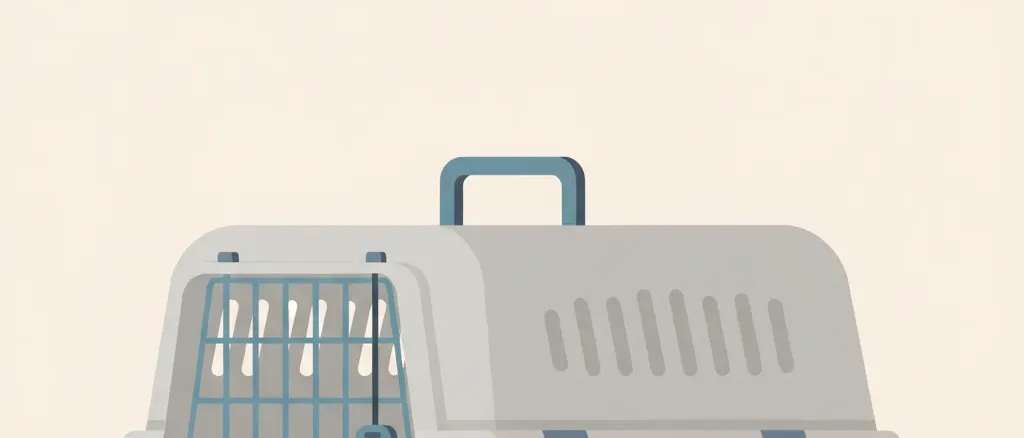 A single empty pet carrier resting on a pale neutral surface, flat vector illustration in muted greys and soft blue.