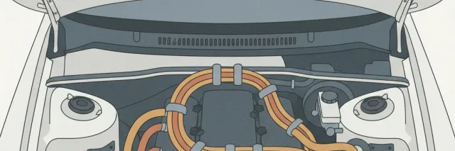 A car engine bay with visible wiring and hoses, flat vector illustration in muted tones.