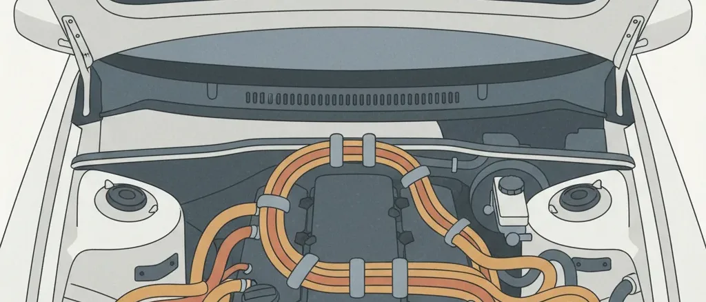 A car engine bay with visible wiring and hoses, flat vector illustration in muted tones.