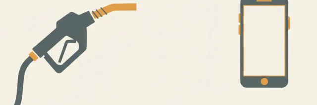 A gas pump nozzle and a phone silhouette separated by empty space, rendered in muted amber and slate tones, flat vector illustration.