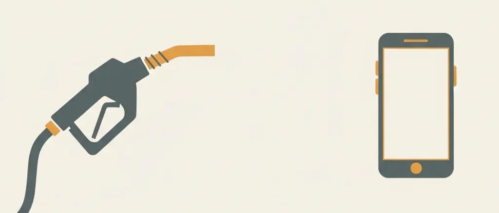 A gas pump nozzle and a phone silhouette separated by empty space, rendered in muted amber and slate tones, flat vector illustration.