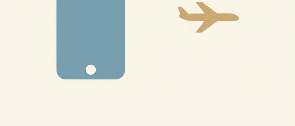 A phone silhouette and an airplane silhouette side by side with empty space between them, rendered in muted blue and grey tones, flat vector illustration.