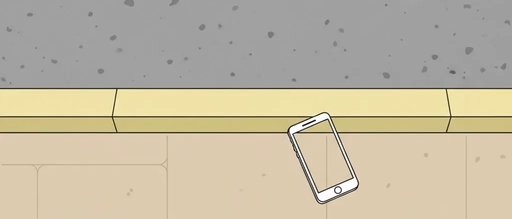 A pavement curb edge seen from above with a subtle outlined phone shape resting near it, flat vector illustration, no people.