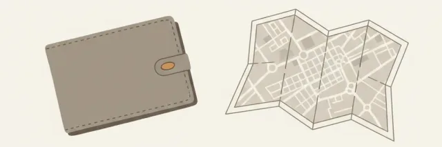 A single wallet resting on a pale surface next to a folded city map, flat vector illustration in muted tones with a quiet amber accent.