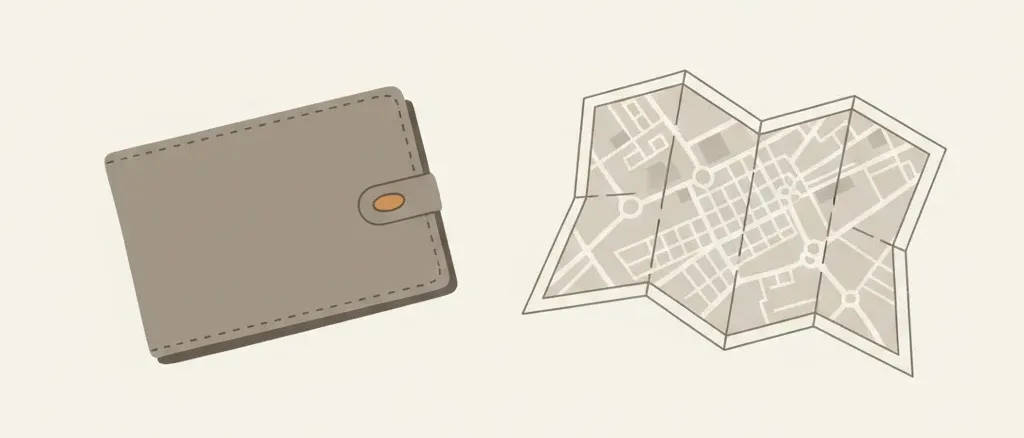 A single wallet resting on a pale surface next to a folded city map, flat vector illustration in muted tones with a quiet amber accent.