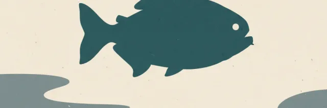 A stylized piranha silhouette in murky river water, flat vector illustration in muted blue-green tones.