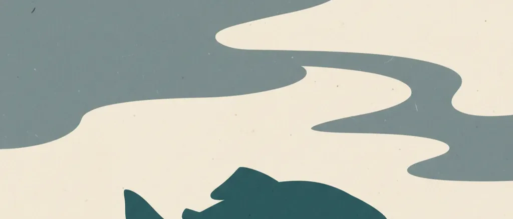 A stylized piranha silhouette in murky river water, flat vector illustration in muted blue-green tones.