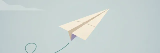 A small paper airplane floating against a muted grey-blue sky, flat vector illustration.