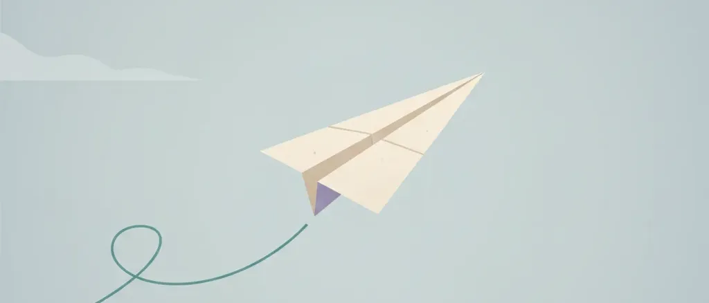 A small paper airplane floating against a muted grey-blue sky, flat vector illustration.