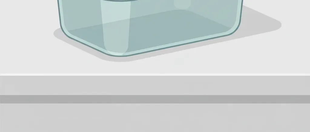 A single translucent plastic food container on a neutral surface, flat vector illustration in muted tones.
