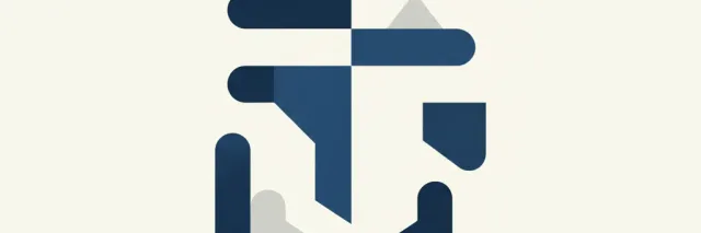 Abstract geometric shapes suggesting a badge outline in muted blue and grey tones, flat editorial illustration.