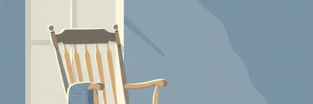 A single empty rocking chair beside a window with soft grey light, rendered in muted blue and warm grey tones, flat vector illustration.