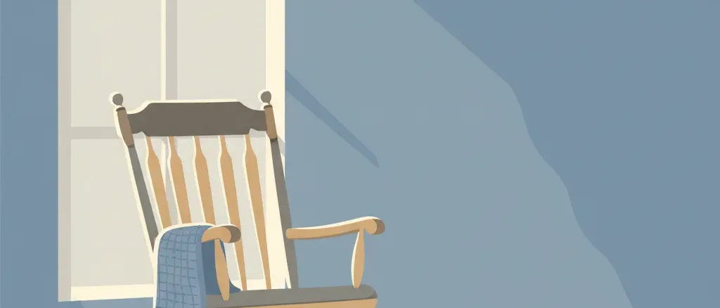 A single empty rocking chair beside a window with soft grey light, rendered in muted blue and warm grey tones, flat vector illustration.