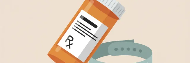 A single prescription pill bottle on a plain surface beside a hospital wristband, flat vector illustration in muted tones.