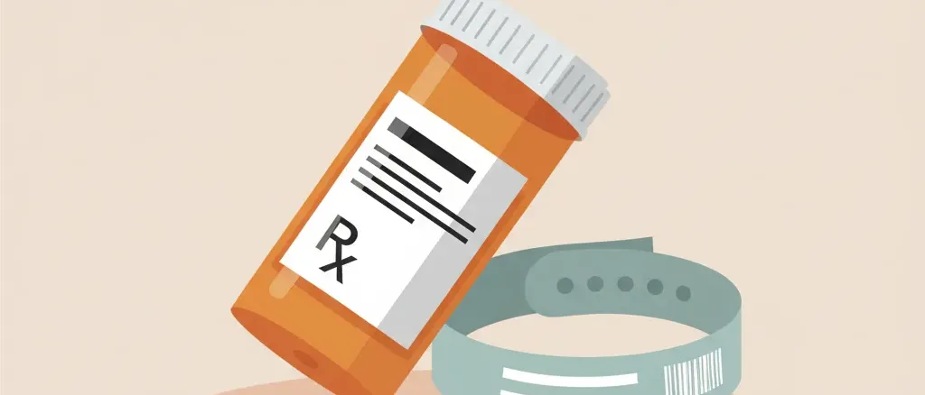 A single prescription pill bottle on a plain surface beside a hospital wristband, flat vector illustration in muted tones.