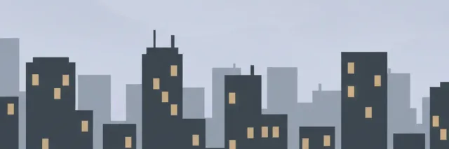 A simplified city skyline in silhouette with most windows dark and a few faintly lit, flat vector illustration, muted tones.