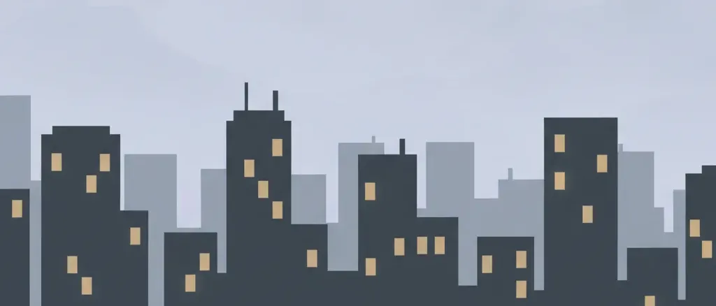 A simplified city skyline in silhouette with most windows dark and a few faintly lit, flat vector illustration, muted tones.