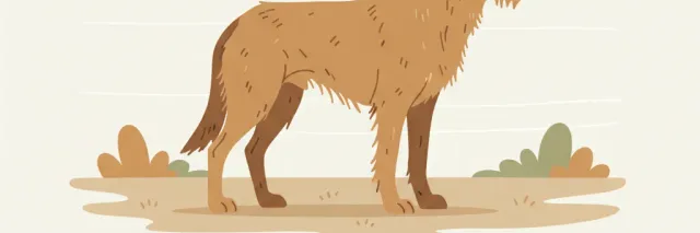 A flat vector illustration of a stray dog silhouette against a pale background, with a small medical syringe beside it, rendered in muted earth tones.