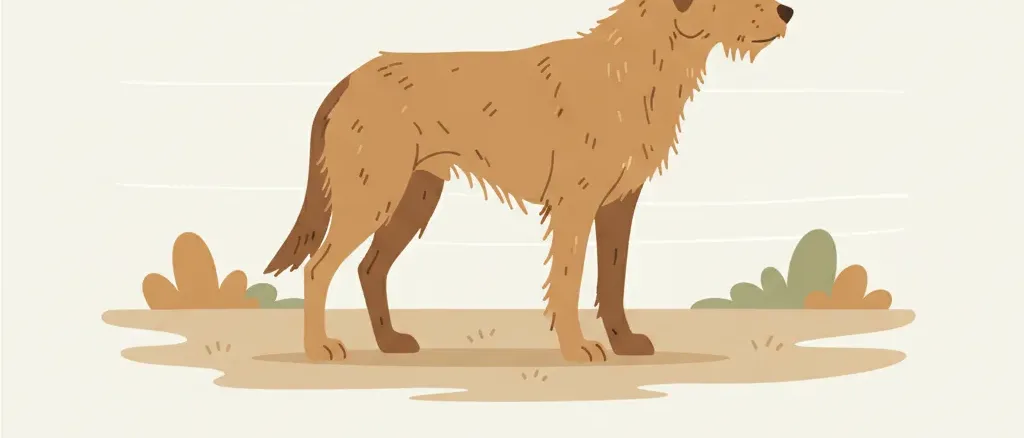 A flat vector illustration of a stray dog silhouette against a pale background, with a small medical syringe beside it, rendered in muted earth tones.