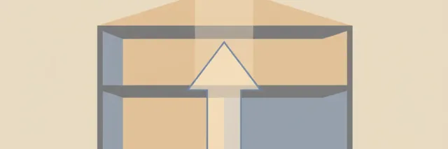 A faint arrow rising from a simplified house foundation through floor layers, rendered in muted grey and pale amber tones, flat vector illustration.