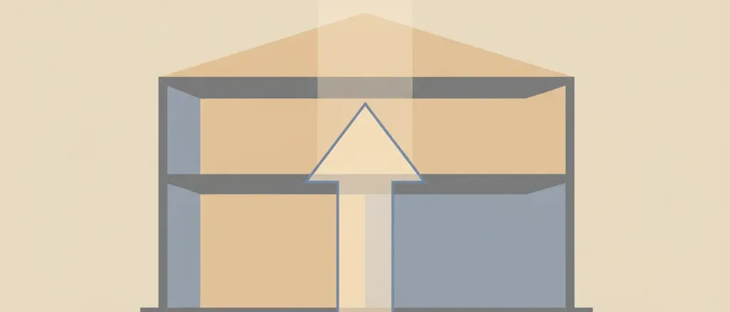 A faint arrow rising from a simplified house foundation through floor layers, rendered in muted grey and pale amber tones, flat vector illustration.