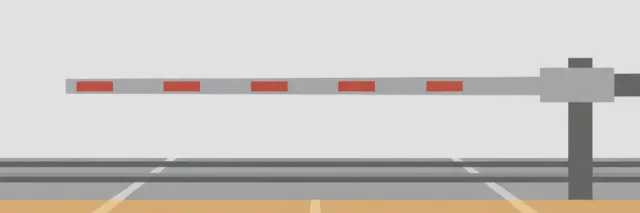 A single railroad crossing gate lowered across an empty road, flat vector illustration in muted tones.