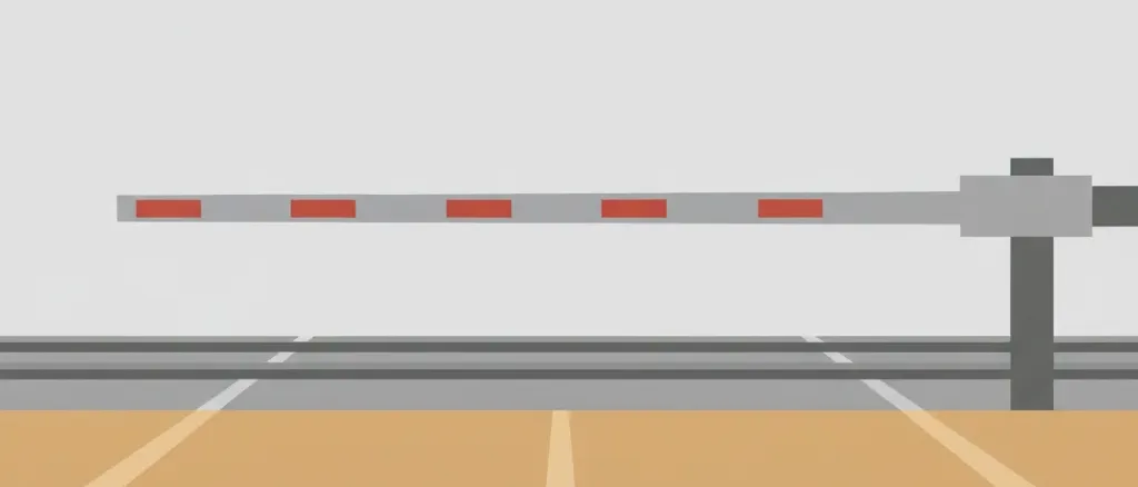 A single railroad crossing gate lowered across an empty road, flat vector illustration in muted tones.