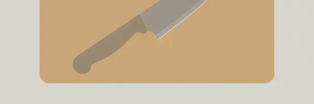 A wooden cutting board with a kitchen knife viewed from above on a neutral background, flat vector illustration.