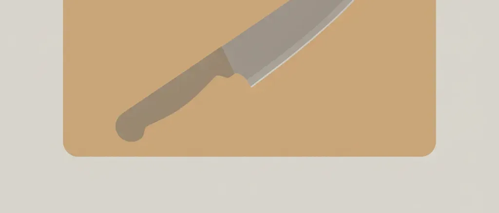 A wooden cutting board with a kitchen knife viewed from above on a neutral background, flat vector illustration.