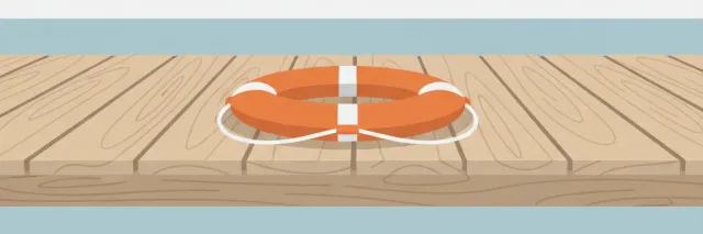 A single orange life jacket ring lying on a pale wooden dock beside calm water, flat vector illustration.