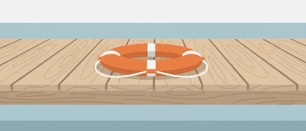 A single orange life jacket ring lying on a pale wooden dock beside calm water, flat vector illustration.