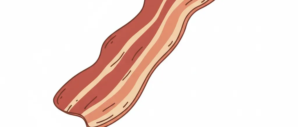 A single strip of bacon resting on a clean white surface, flat vector illustration in muted tones.