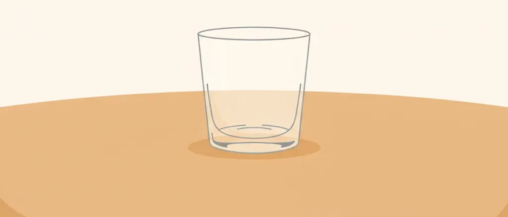 A single empty tumbler glass sitting on a muted sand surface, flat vector illustration.