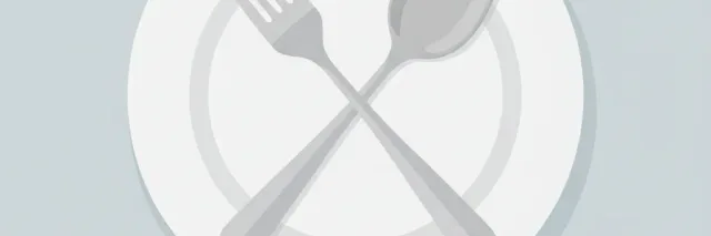 A muted flat vector illustration of a fork and spoon crossed over an empty plate on a pale background.