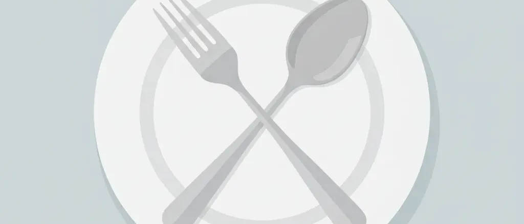 A muted flat vector illustration of a fork and spoon crossed over an empty plate on a pale background.