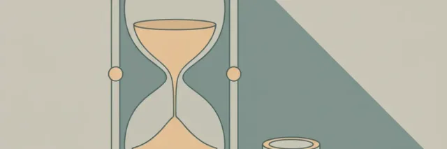 A half-empty hourglass beside a small coin stack, muted grey and amber tones, flat vector illustration.