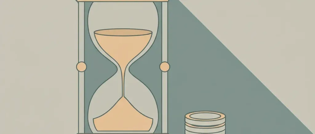 A half-empty hourglass beside a small coin stack, muted grey and amber tones, flat vector illustration.