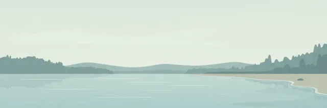 A flat vector illustration of a calm freshwater lake with a small snail silhouette near the shore, rendered in muted blue-green tones.