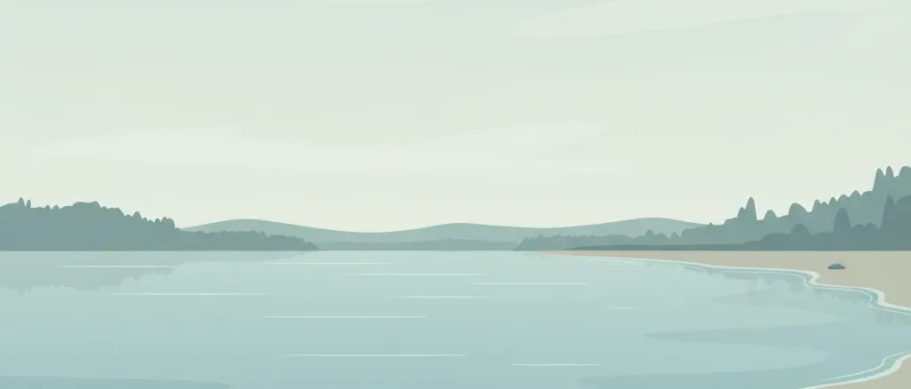A flat vector illustration of a calm freshwater lake with a small snail silhouette near the shore, rendered in muted blue-green tones.