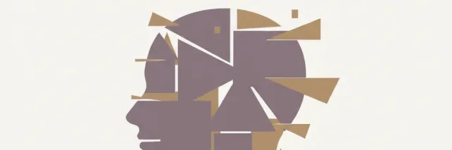 A flat vector illustration of an abstract silhouette with fragmented geometric shapes suggesting disrupted perception, in muted tones.