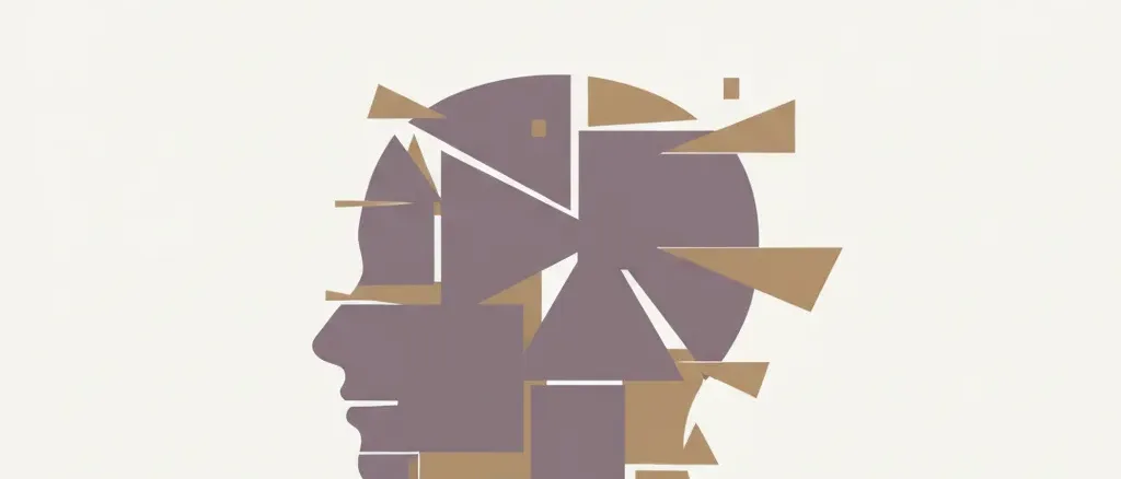 A flat vector illustration of an abstract silhouette with fragmented geometric shapes suggesting disrupted perception, in muted tones.