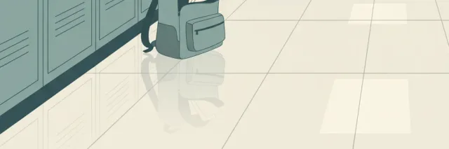 An empty school hallway with a single backpack left on the floor, flat vector illustration, muted tones, no people.