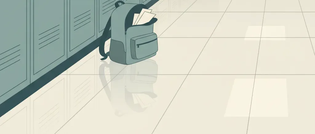 An empty school hallway with a single backpack left on the floor, flat vector illustration, muted tones, no people.
